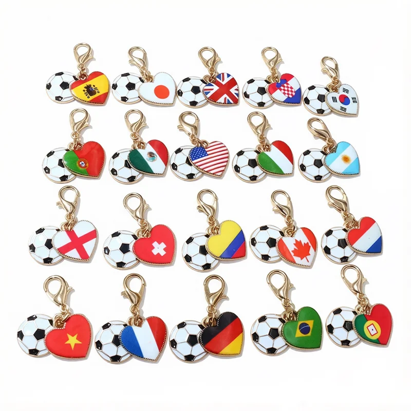 10pcs with Lobster Clasp Enamel Football National Flags of Countries Heart Charms Pendant DIY Jewelry Making Accessories