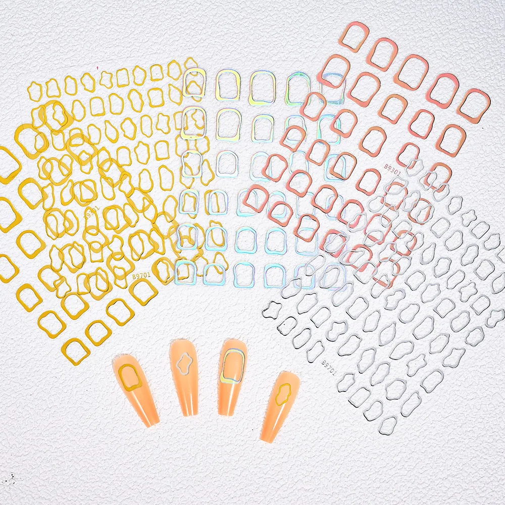Gold Silver Irregular Geometric Figures Nail Art Stickers Hollow Metal Frame Press on Nails Decals Square Round Manicure Design*