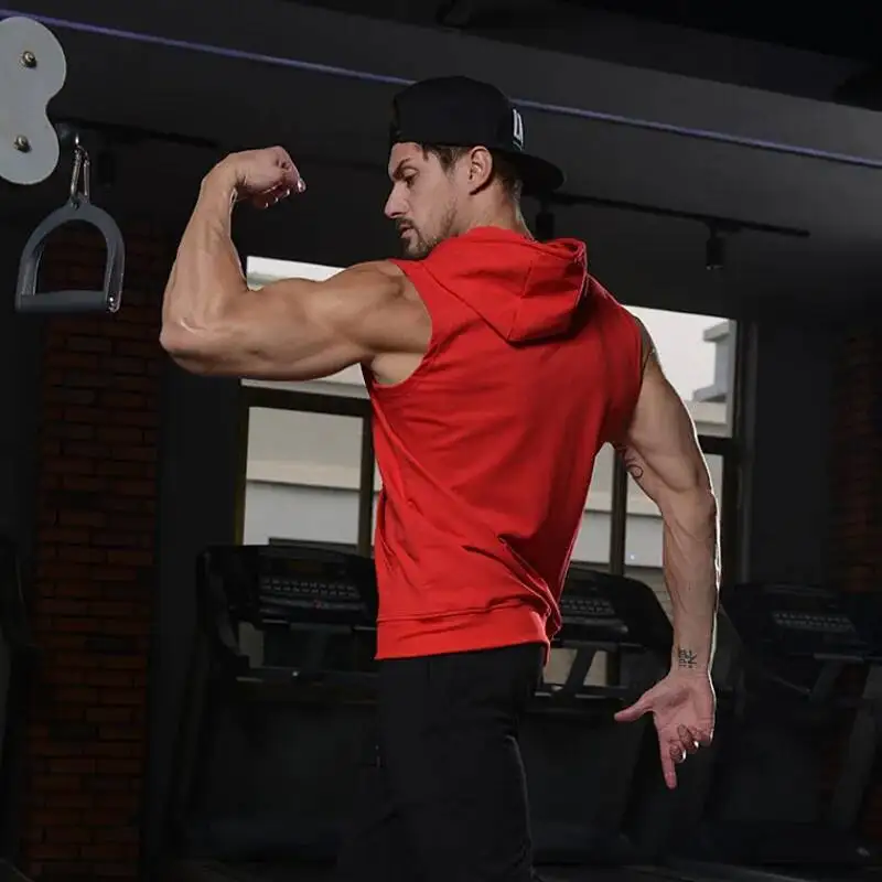 

Mens Sports Tank Tops Gym Fiess Muscle Print Sleeveless Hooded Vest Bodybuilding Zipper Jacket Summer Shirt For Man Clothing