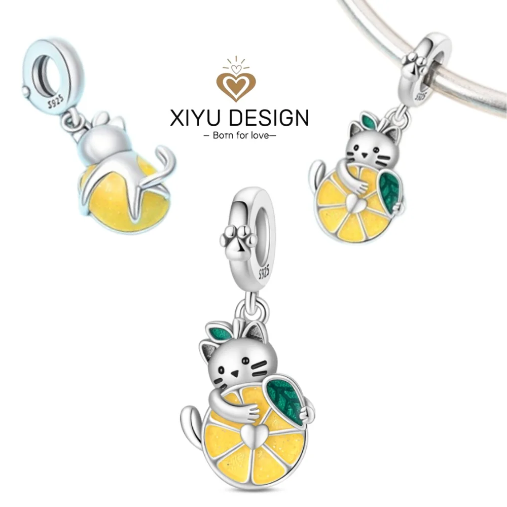 New 925 Sterling Silver Cute Yellow Lemon Cat Charm Pendant Original Bracelet Keychain DIY Women's Birthday Jewelry Gift