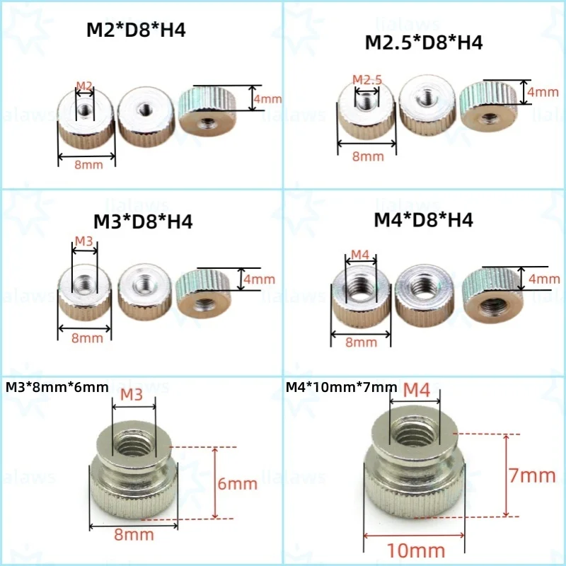 20pcs M2 M2.5 M3 M4 Nickel Plated  Knurled Thumb Nuts for PC/Drone/Electronics - Hand Tighten Round Nuts