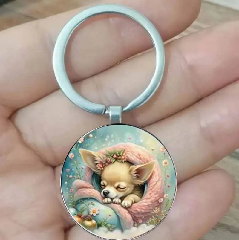 

Chihuahua vintage keychain, floral and feather design, fancy gift design for pet enthusiasts, bright colors