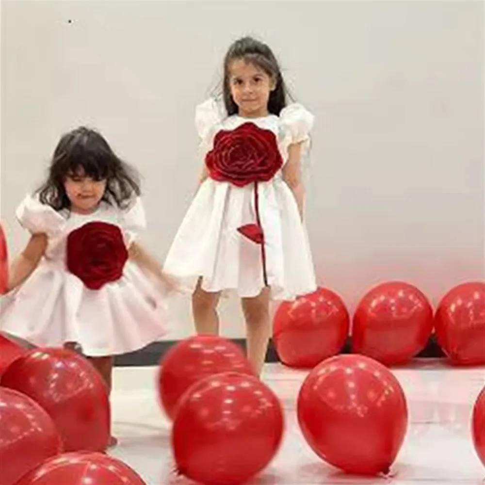 

Lovely Satin Mini Flower Girl Dress for Wedding Floral Lantern Sleeves Ball Gown Princess Birthday Party Dress Customized