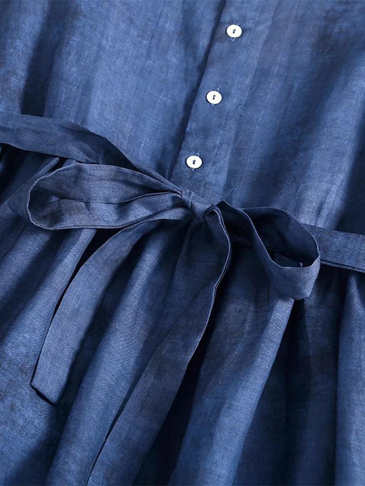 Artistieke print linnen lange Svel Dr dames casual zomerjurk met riem ronde Ne losse taille A-lijn rok