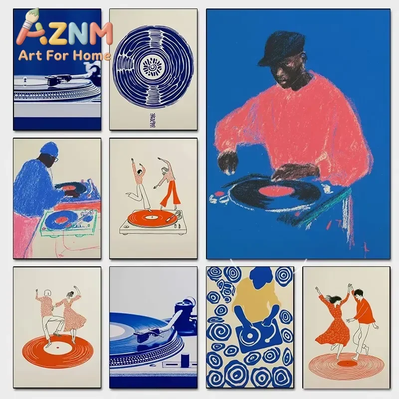 Modern Pop Record Player Music Posters DJ Hip Hop Dancing Couple Turntable Print Canvas Painting Wall Art Picture for Home Decor