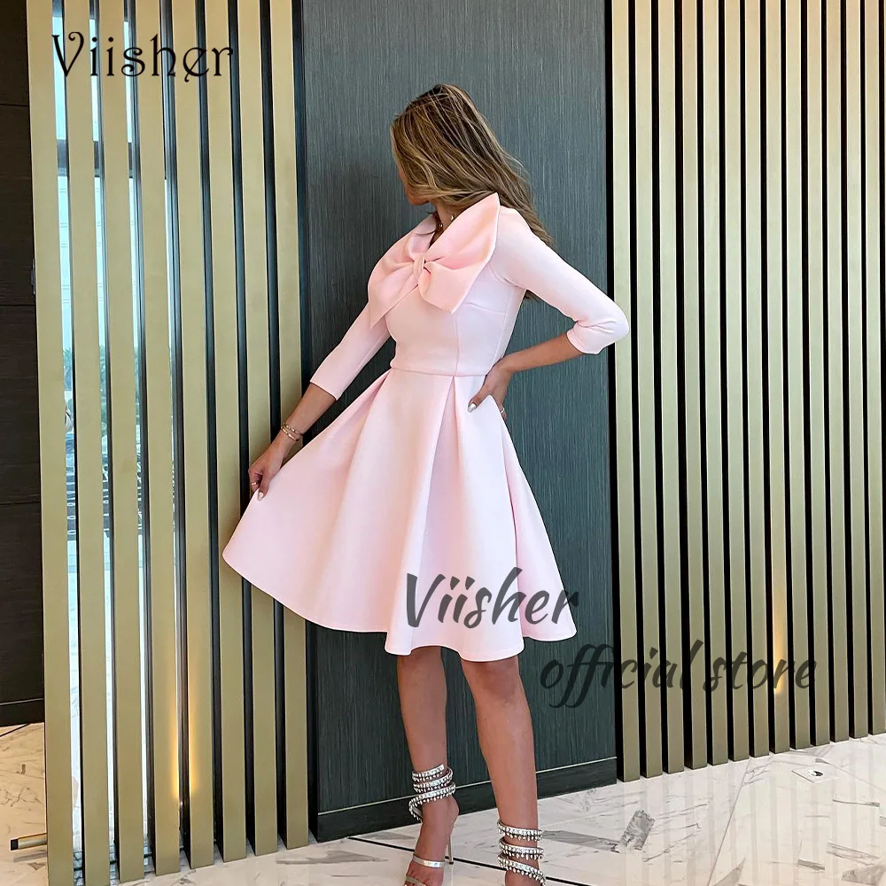 

Viisher Pink Satin A Line Evening Dresses 3/4 Sleeve Front Bow Arabic Dubai Prom Party Dress Knee Length Formal Gowns