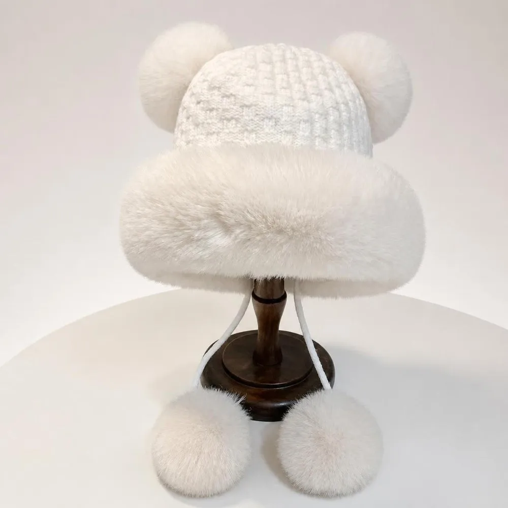 Cute Lined Bear Ear Knit Hat Thermal Insulation Windproof Earflap Hat Fluffy 4 Pom Poms Winter Knit Cap Cold Weather