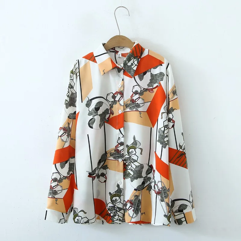 

2024 Autumn New Print Blouse Long Sleeve Chiffon Shirt Women Turn Down Collar Button Tops Casual Loose Clothes Blusas 29342