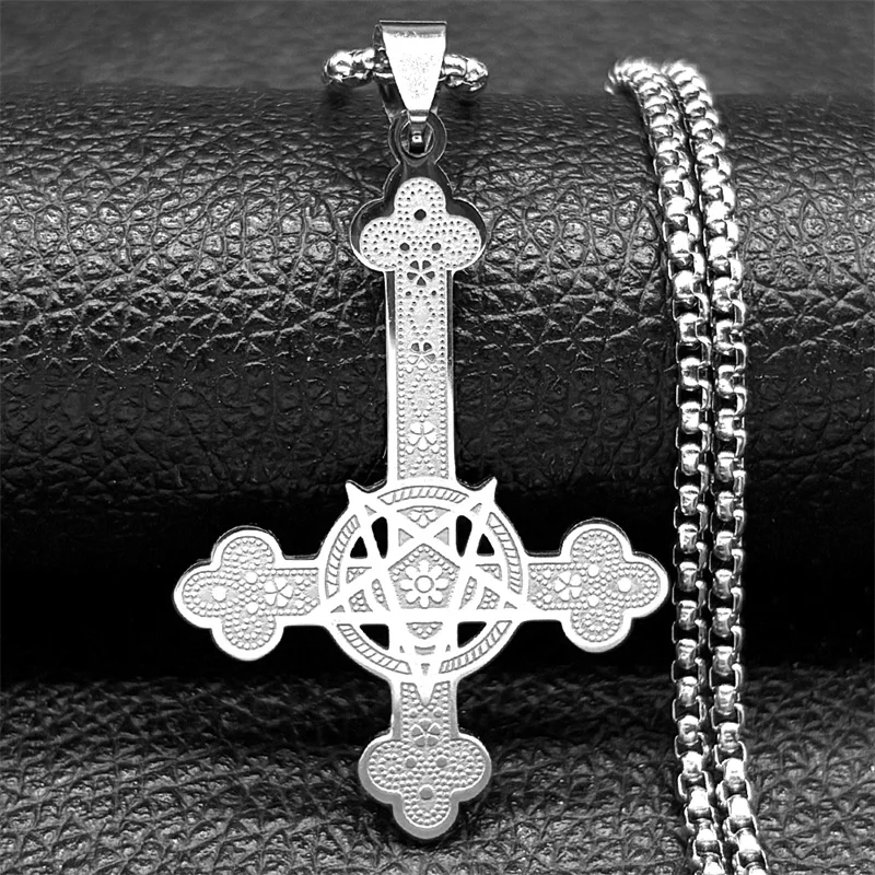 Gothic Punk Hexerei Pentagramm Umgekehrtes Kreuz Anhänger Halskette für Frauen Männer Edelstahl Silber Farbe Stern Kette Schmuck – Detail 6