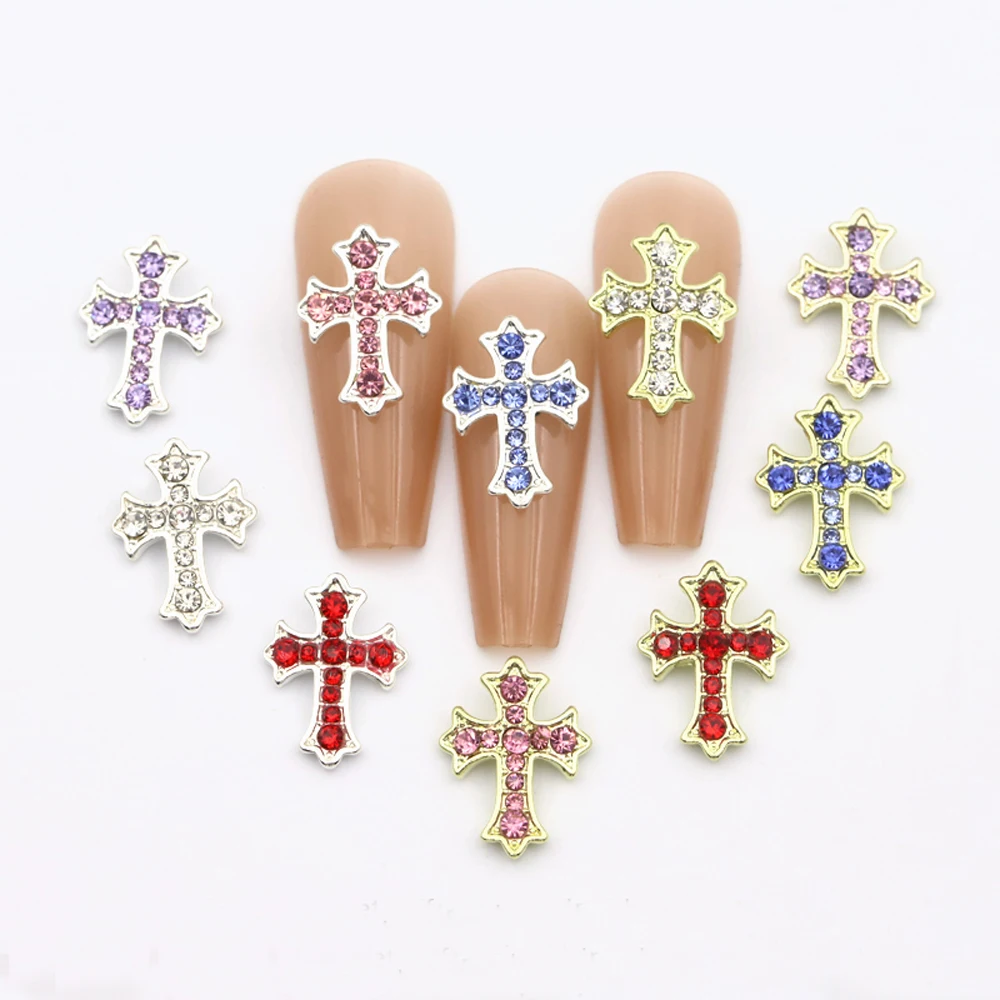 5pcs Luxury Cross Nail Art Charm 3D Full Glitter Alloy Colorful Diamond Cross Nail Rhinestones DIY Punk Nail Accessories