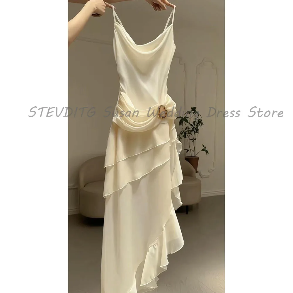 Smple Fashion Yellow Evening Dresses Women Floor Length High Quality Satin Smooth Tiered Spaghetti Strap Celebrity Female Gowns