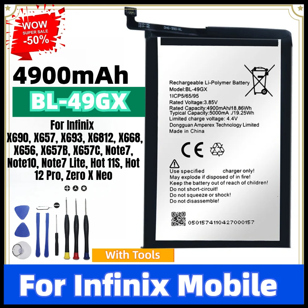 4900mAh BL-49GX Replacement Li-Polymer Battery for Infinix X690 X657 X693 Note7 Note10 Hot 11S Hot 12 Pro Zero X Neo, with Tools