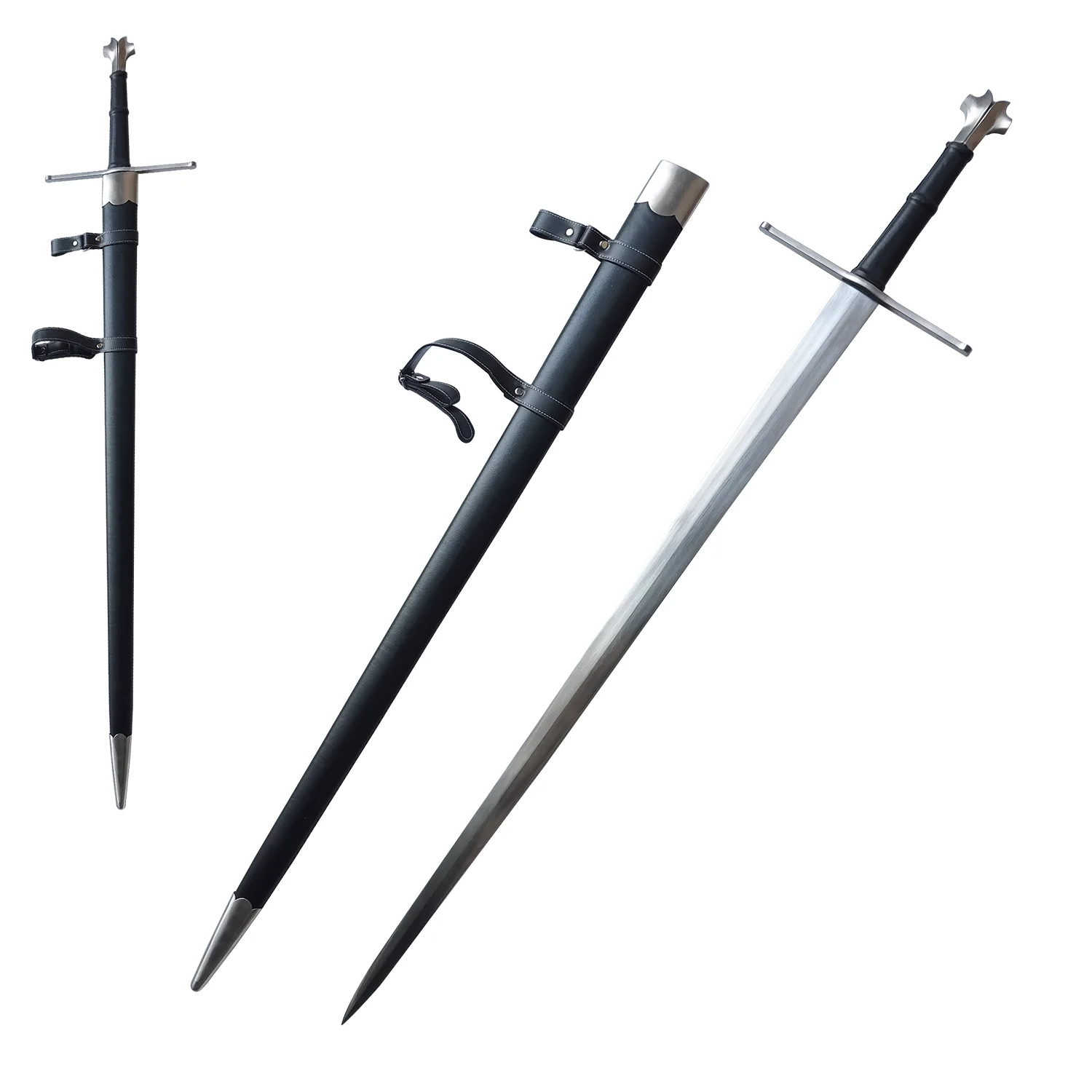 Espada larga occidental negra medieval de 48,4 pulgadas con vaina de cuero para uso, práctica y colección al aire libre
