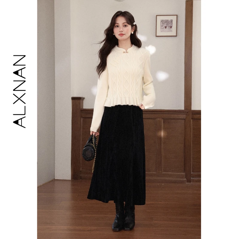 

Женская юбка ALXNAN, винтажная бархатная плиссированная юбка миди А-силуэта с высокой талией, новинка 2026 года, повседневная офисная элегантная женская одежда L59111