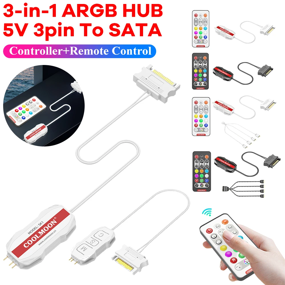 ARGB Controller Cable ARGB 5V 3PIN To SATA RGB Remote Controller LED Color Intelligent Fan Controller for PC Fan Light Strip