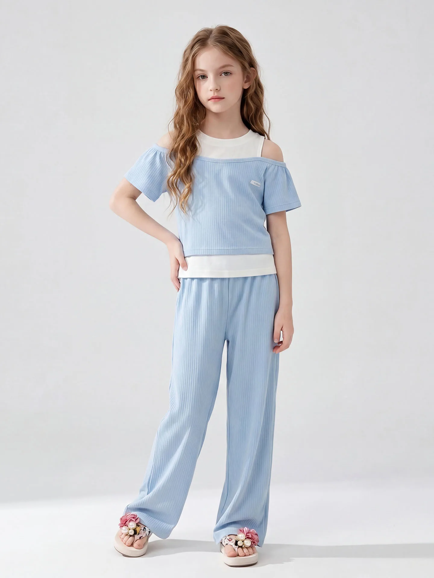 girls-summer-outfit-set-2026-new-style-mid-tall-children's-casual-wide-leg-pants-short-sleeve-thin-cotton-two-piece-suit