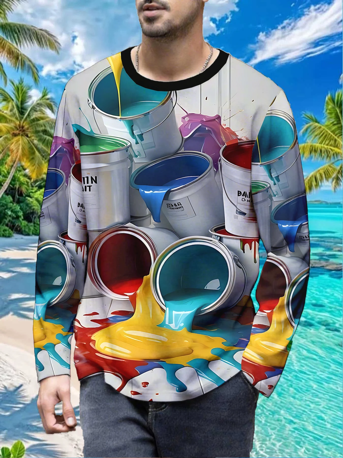 Vibrant Paint Bucket Splatter Colorful Art Mens Polyester Long Sleeve T Shirt Flowing Paint Mixing Print Graphic Tee Casual Stre