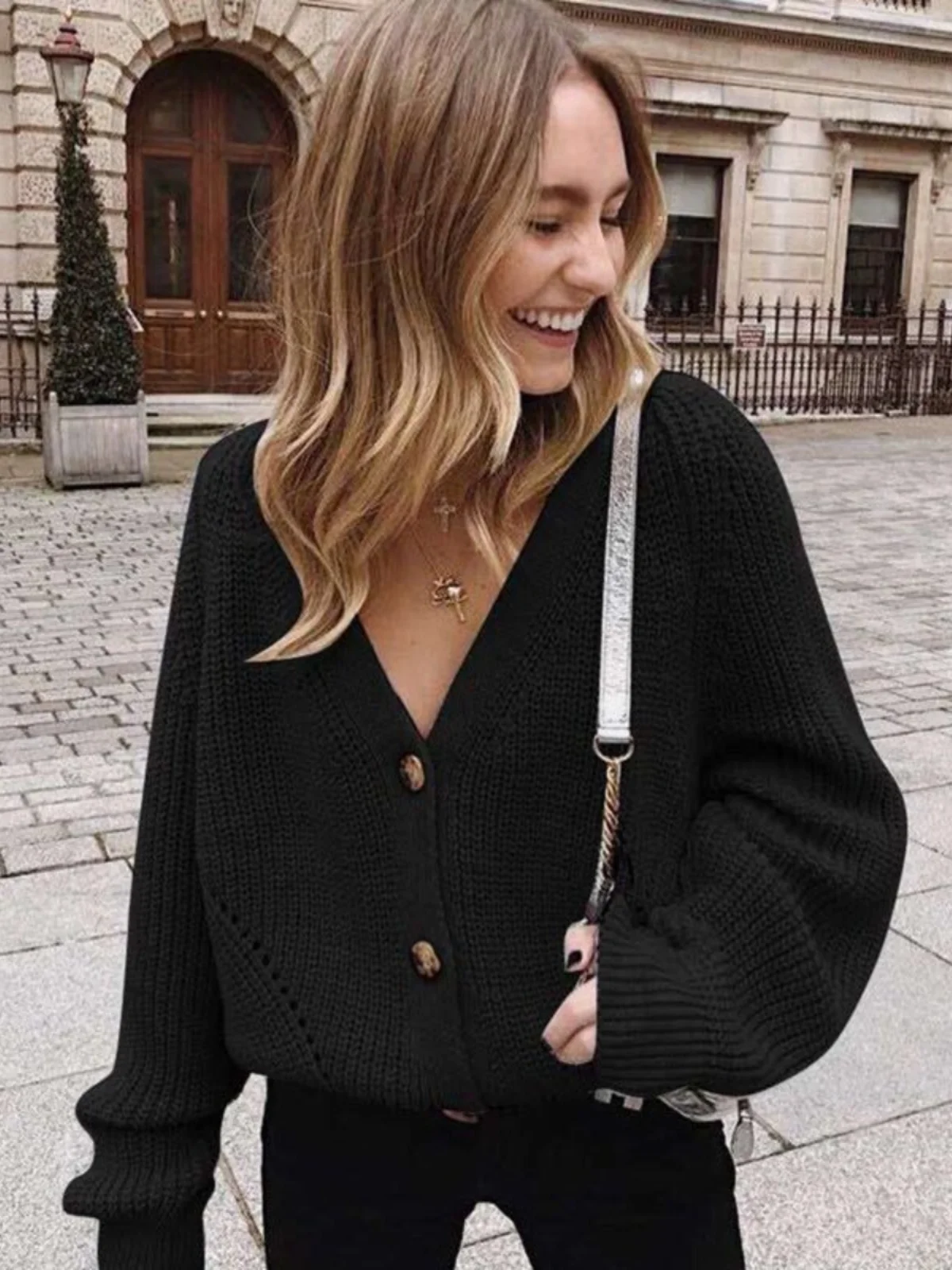 グレーカーディガンセーター女性用居心地の良いソフトニットボタンアップVネックジャンパーベーシックニットウェア秋冬服