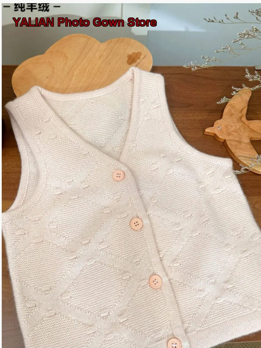 Kids Autumn Winter Cashmere Vest Boys Girls V-Neck Embossed Relief Cardigan Waistcoat
