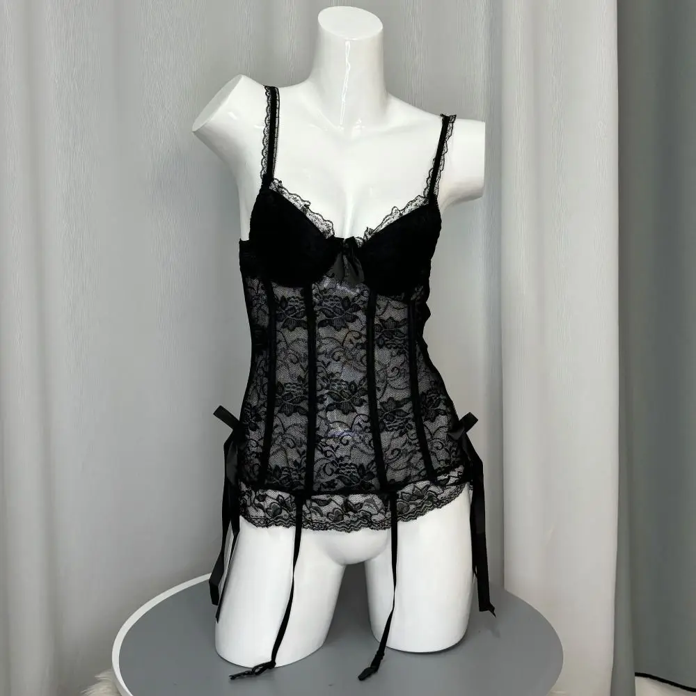 매운 소녀 스타일 보우 레이스 잠옷 메쉬 투명 여성 란제리 Nightwear 민소매 레이스 슬링 Nightdress Ladies