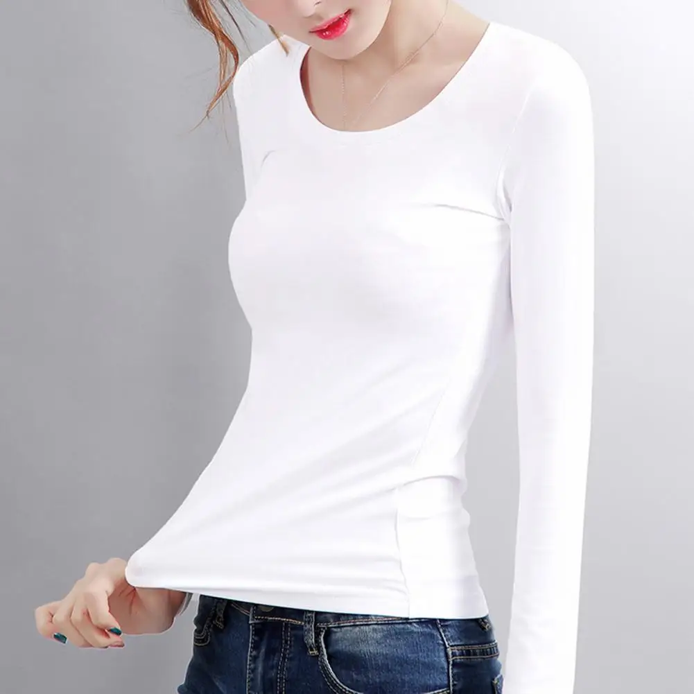 Women Stretchy Base Layer Top Velvet Lined Women's Thermal Tops Round Neck Long Sleeve Tee Shirt for Slim Fit Solid Color Warmth