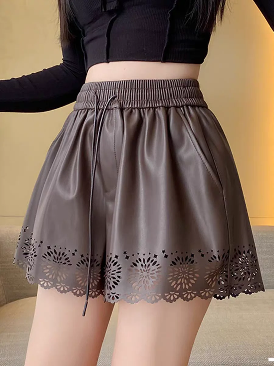 Cut-Out PU Leather Shorts for Women, High Waist A-Line Boot Shorts. Retro Style, Petite Friendly and Flattering for Fall Winter