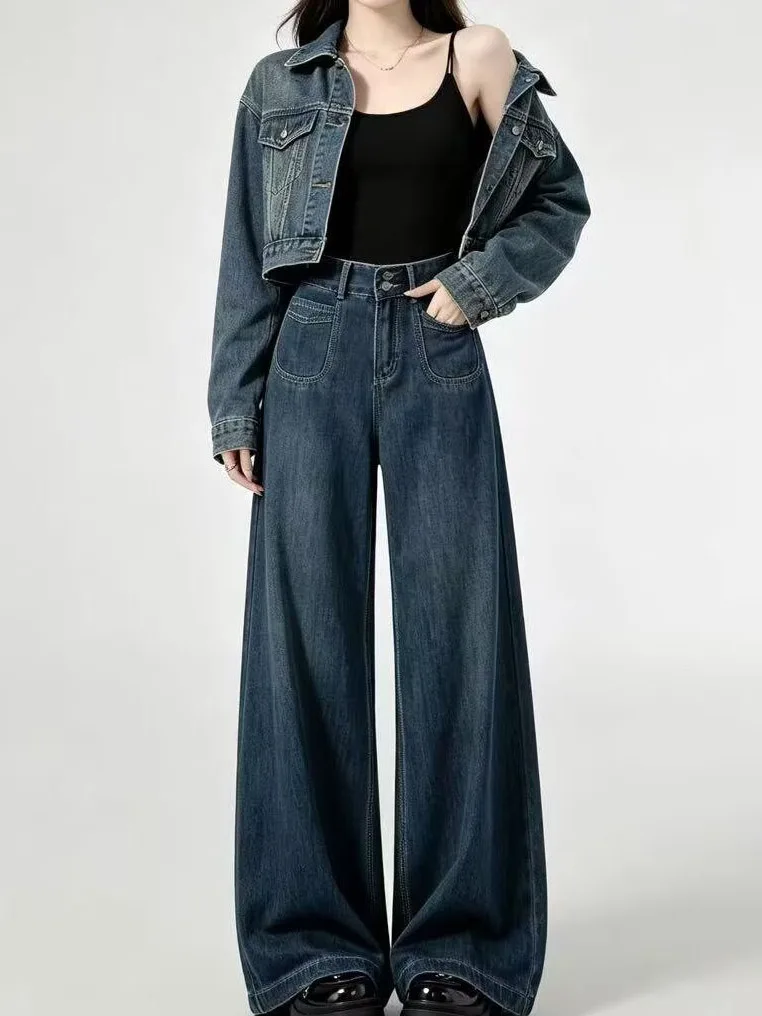 Retro Wide Leg Denim Jeans Women Loose BF Lazy Style plus Size Pear Shape Body Slimming Trousers High Waist Jeans for Ladies