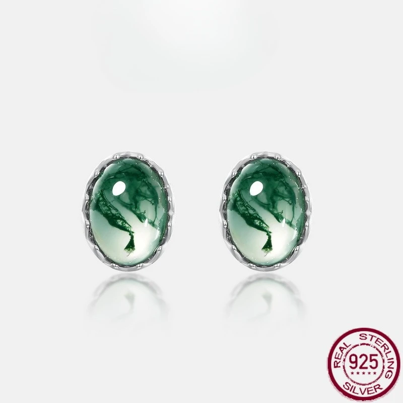 

New S925 pure silver egg face green moss stone water grass agate earrings simple and fashionable wedding jewelry
