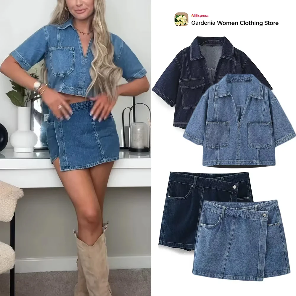 Women's Denim Two Piece Shorts Set 2 Colors Vintage Skort Set Cropped V-neck Lapel Collar Denim Top Wrap Skorts Jean 2 Piece Set