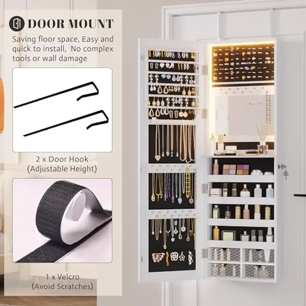 LED Jewelry Mirror Cabinet Wall/Door Mounted Armoire Organizer with Full Length Mirror Large Storage Capacity & Lockable System