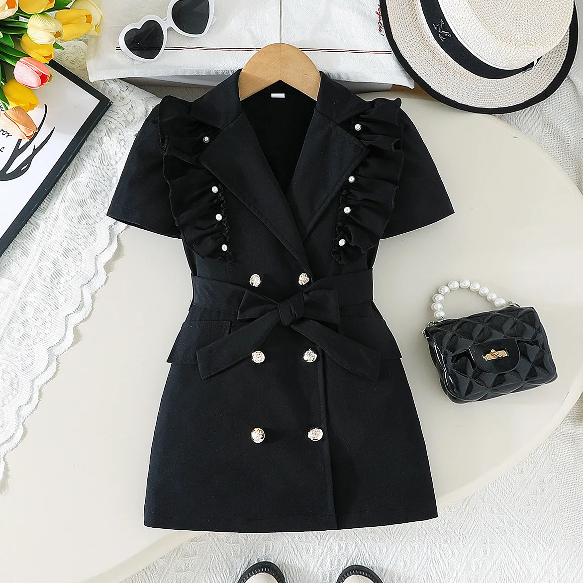 

Kids GIrls Black Suit Dress 2026 New Arrival Children Casual Party Dresses Princess Sweet Ruffle Dress Korean Japanese Style