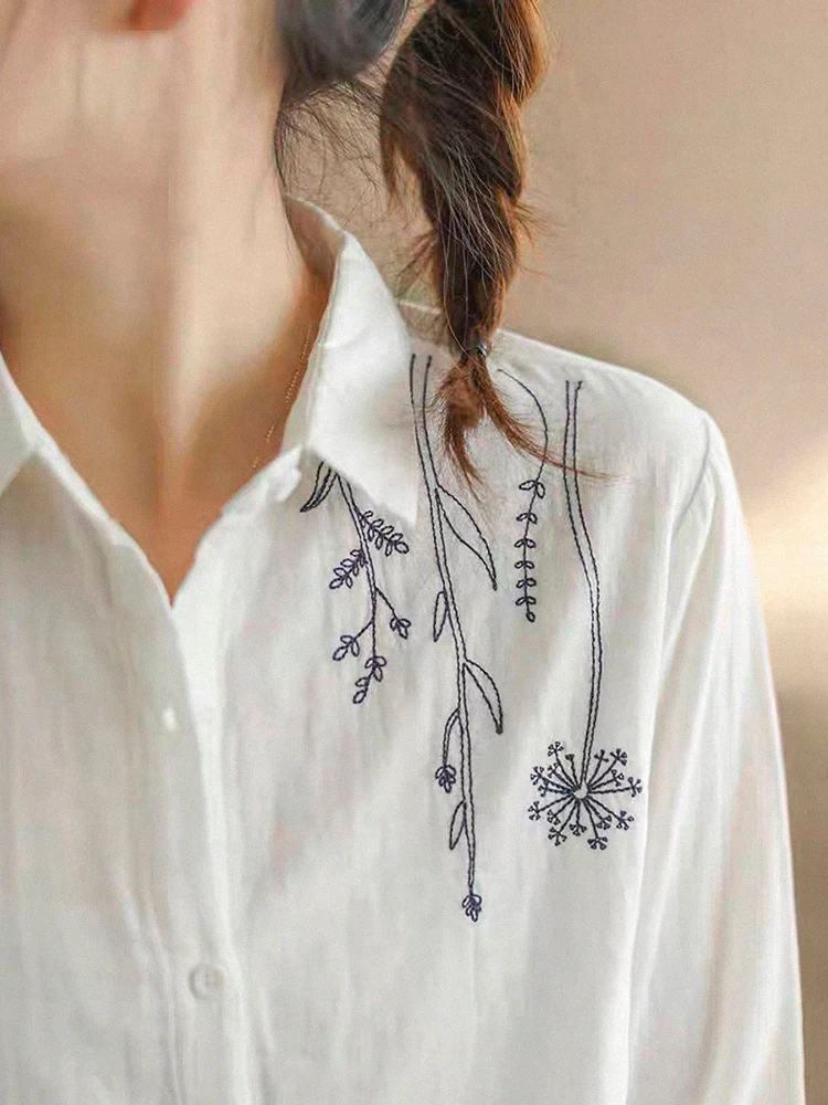 

Loose Fit Long Sve Embroidered Cotton Linen Women's irt Comfortable Base Layer Large Size Linen Top Korean Sle Commute