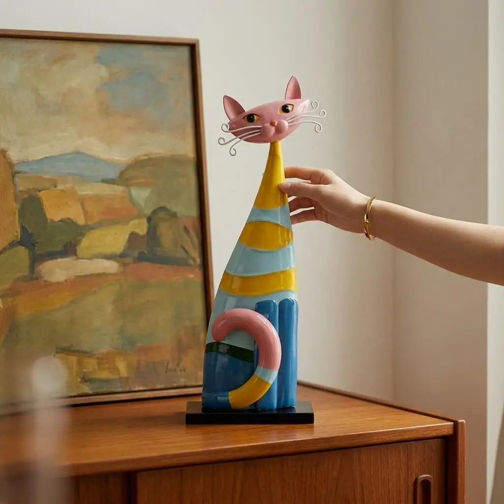 Colorful Striped Cat Figurine - Nordic Art Cat Resin Decorative Item - Cute Animal-shaped Decorative Piece