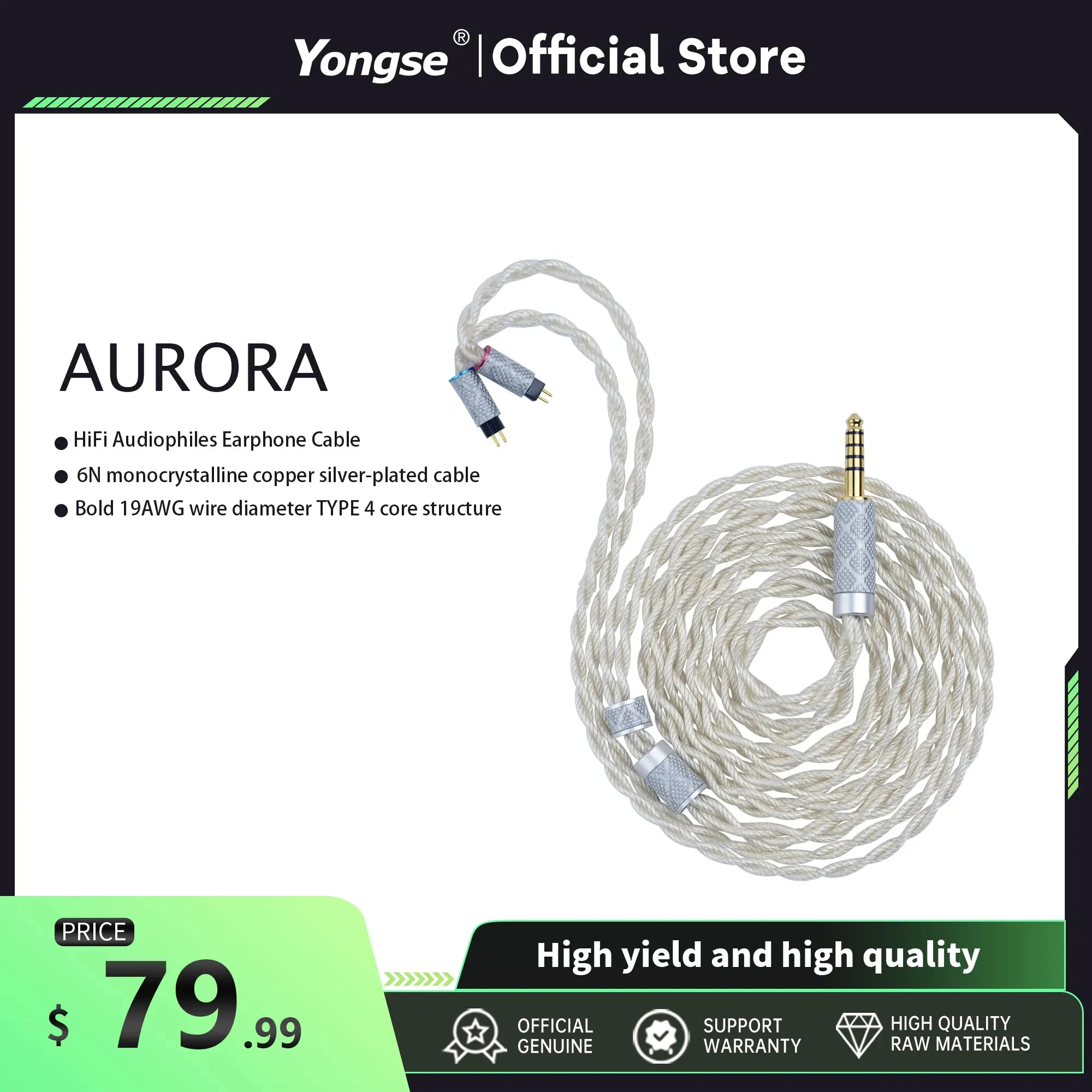 

YONGSE Aurora 4 Strand 6N UP-OCC Litz Single Crystal Copper Silver Plated HiFi Audiophiles Earphone Cable for 7HZ TANGZU SIMGOT