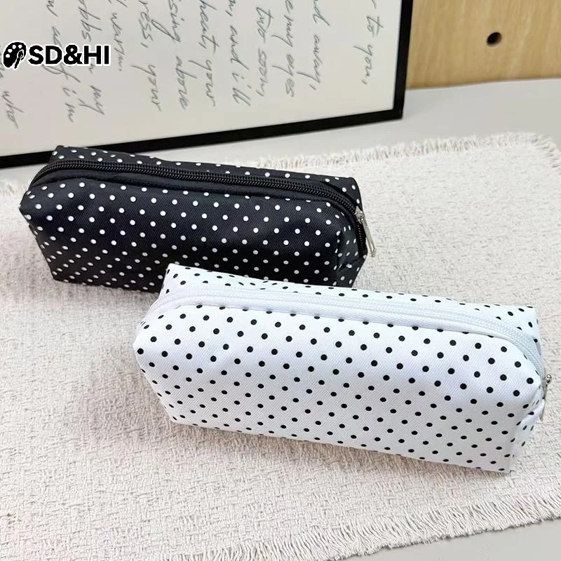 Polka Dot Pencil Case Set Large Capacity Canvas Zipper Pen Pouch For Students School Office Travel Makeup Storage