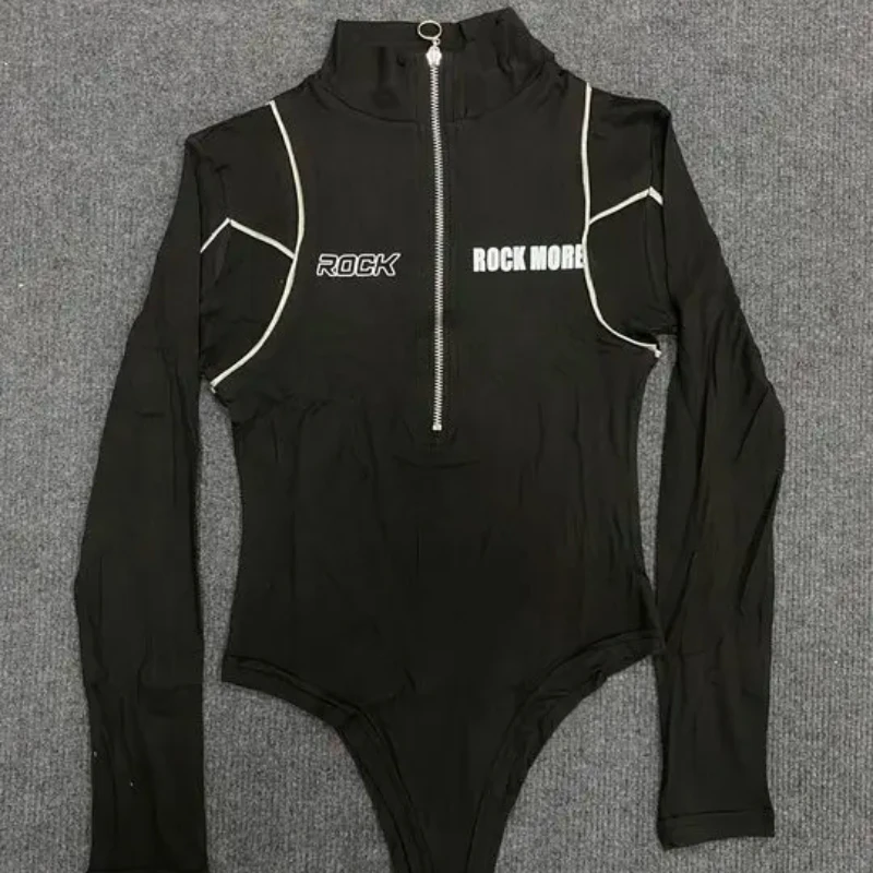 

Sexy Solid Color Reflective Strip High-neck Zipper Conjoined Top Women's Clothing Street Tight Base Layer Long Sleeve Bodysuit