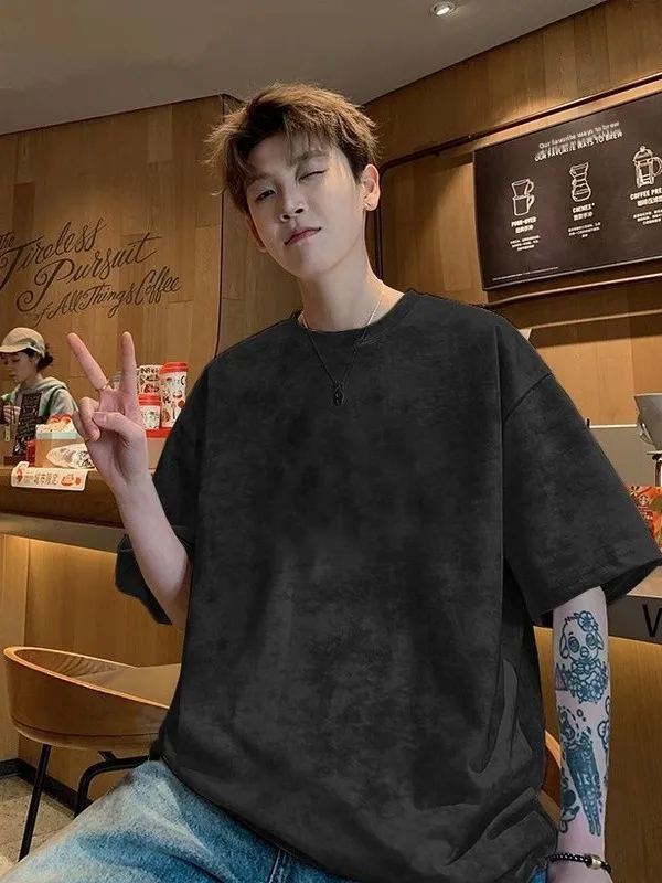 

Летняя футболка из тонкого ледяного шелка, окрашенная ор Све, мужская повседневная винтажная футболка в американском стиле High Street Cool Five-Quarter Sve