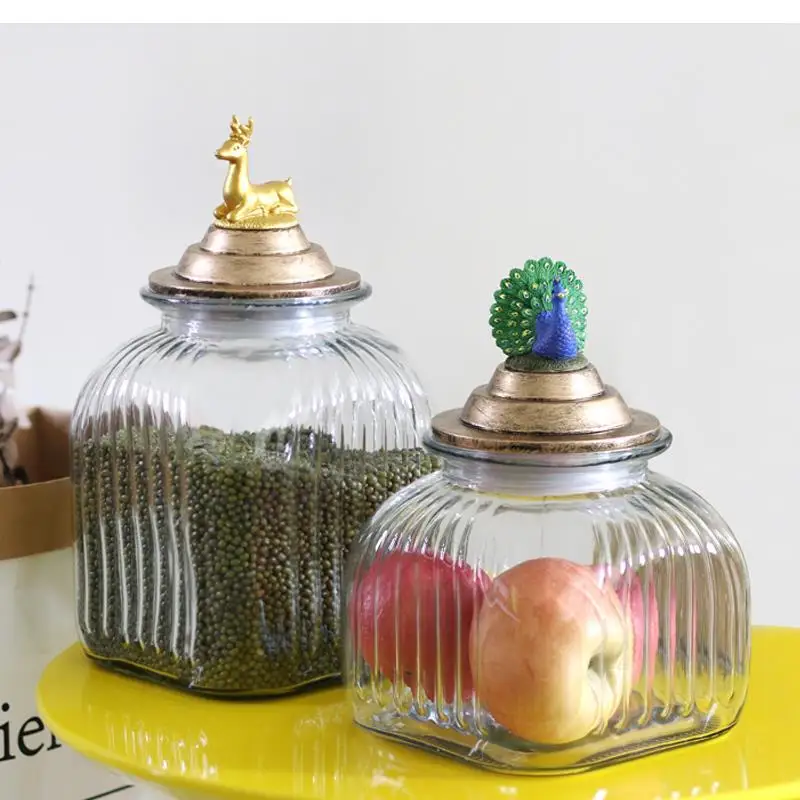 Pavão dourado veado animal capa de vidro selado frasco de armazenamento separador de grãos garrafa doméstica utensílios de cozinha