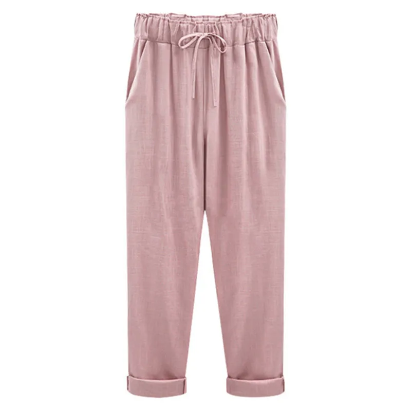 

Women Summer Style Loose Ankle Length Pants Female Cotton Linen Casual Elastic High Waist Harem Trousers