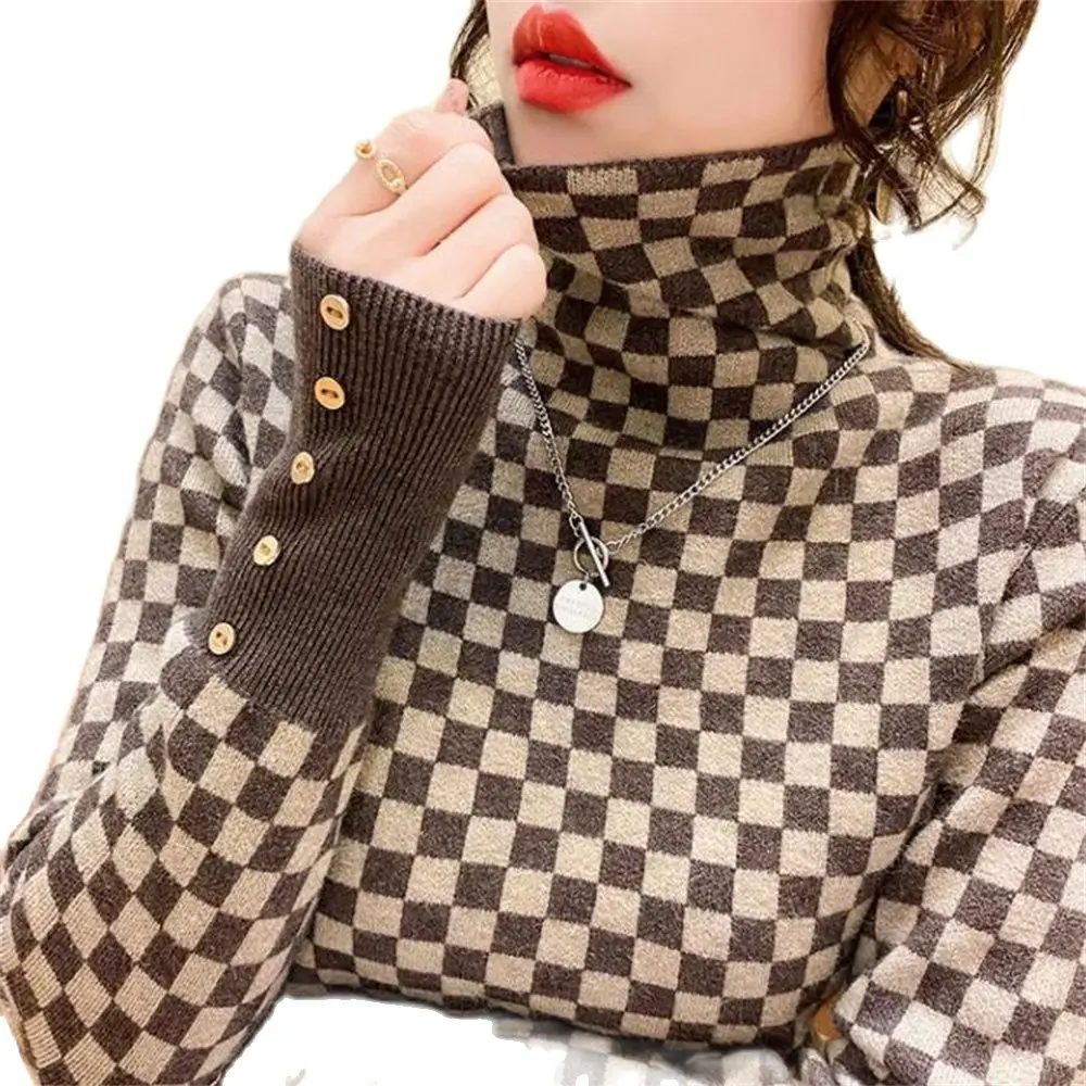 Women\'s Fleece Houndstooth Turtleneck Sweater Sexy Plaid Pullover Korean Fashion Luxury Winter 2024