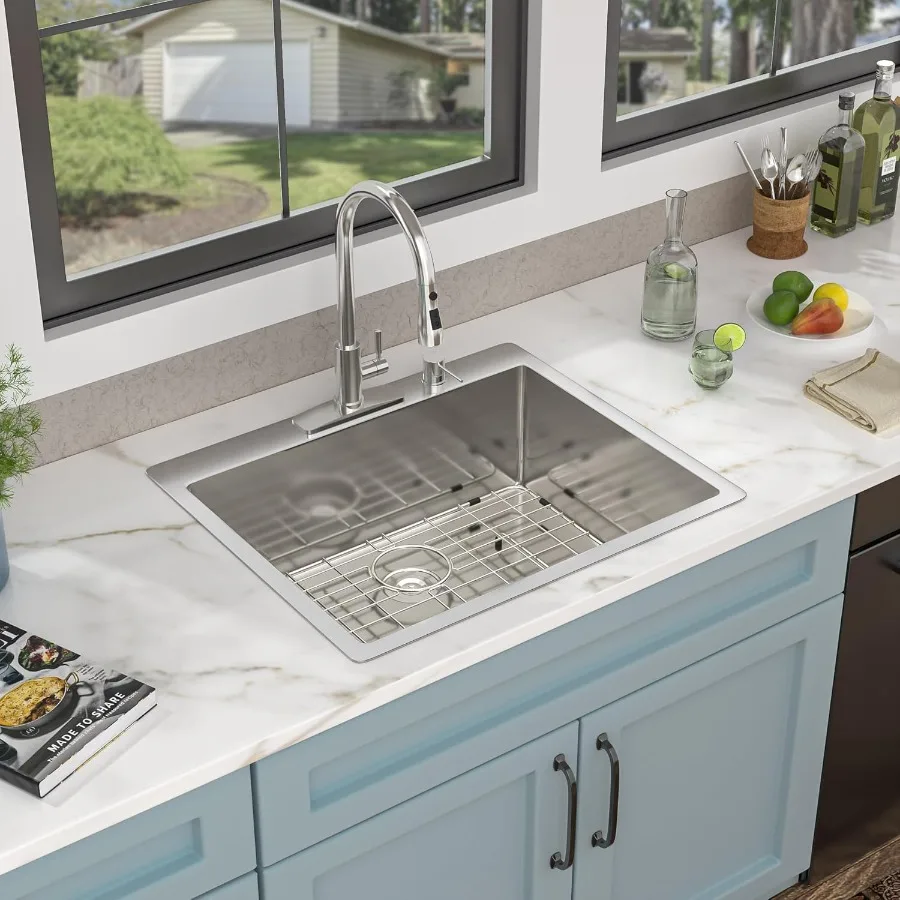 حوض مطبخ مقاس 25 بوصة × 22 بوصة لغرف أدوات الغسيل RV - سطح متين بمقياس 16 304 من الفولاذ المقاوم للصدأ