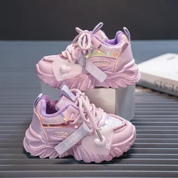 PU 2023 Winter New Sport Shoes for Kids Girls Cute Princess Non-slip Light Children Fashion Casual Sneakers Solid Color Shiny