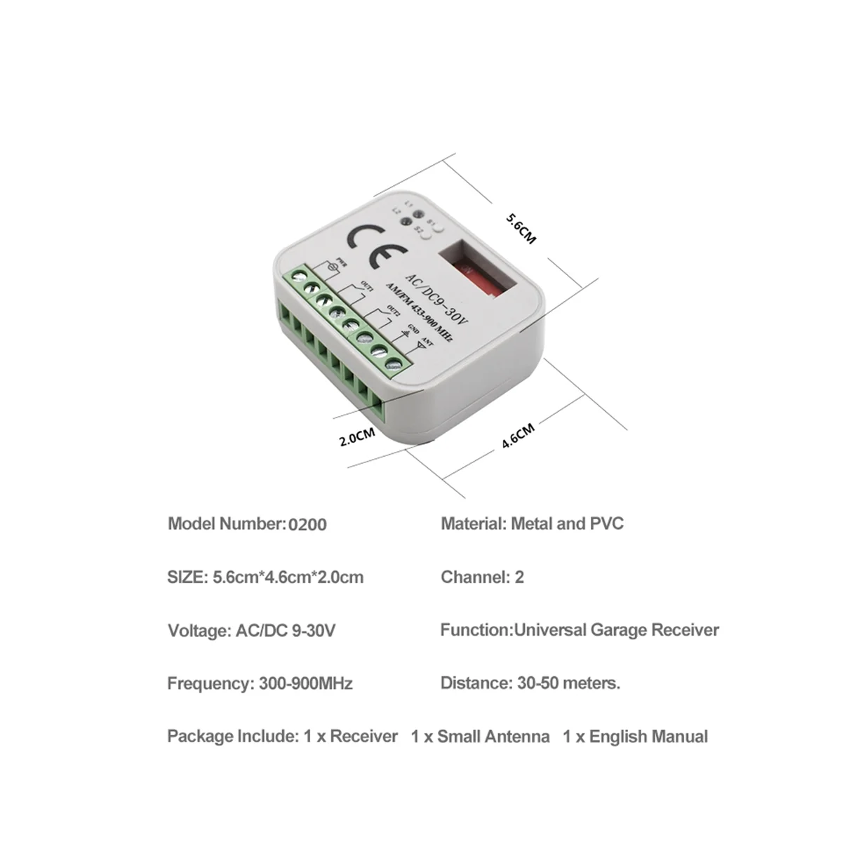 Universal Garage Door Remote Control Receiver 2CH Controller Switch for Transmitter RX Multi Frequency 433-900MHz White