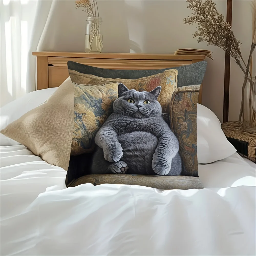 1pc Lazy British Shorthair Cat Print Throw Pillow Cover,Suitable for Sofa,Bedroom,Living Room,A Heartwarming Gift for Cat Lovers