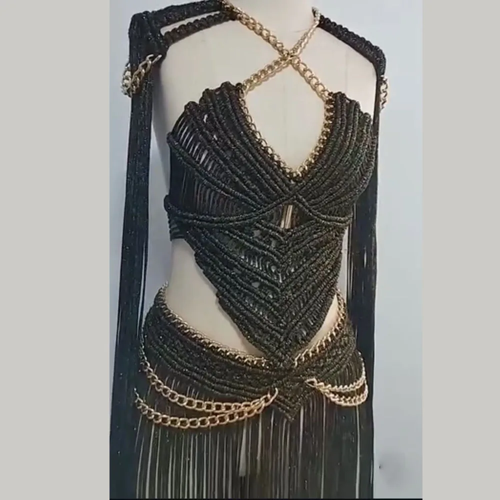 Beachapche  Women's Turtleneck Long Tassel Sexy Macrame Design Maxi Dress Fashion Metal Chain Runway Macrame Dress