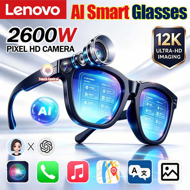 Lenovo Smart Glasses 12K 2600W HD Camera Real-time Translation ChatGPT WiFi Video Recording Bluetooth CallAudio Glasses 2027 New