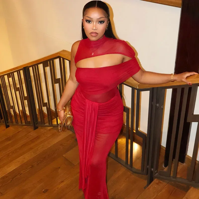 Doyerl Sexy Mesh Sheer Abiti da sera Donna Elegante Nightclub Party Prom Increspato Nastro Ritaglio Aderente Maxi Dress Robes Longues