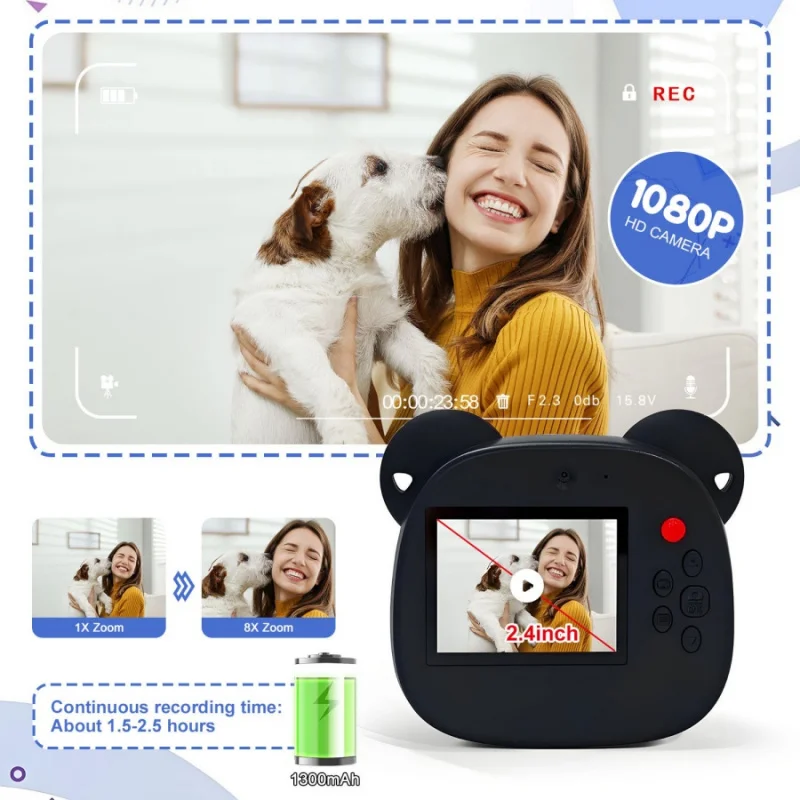 1 szt. Aparat Polaroid dla dzieci z motywem pandy, drukujący termicznie zdjęcia, papier termiczny do zdjęć, HD Mini Śliczny Aparat, Prezent na przyjęcie urodzinowe