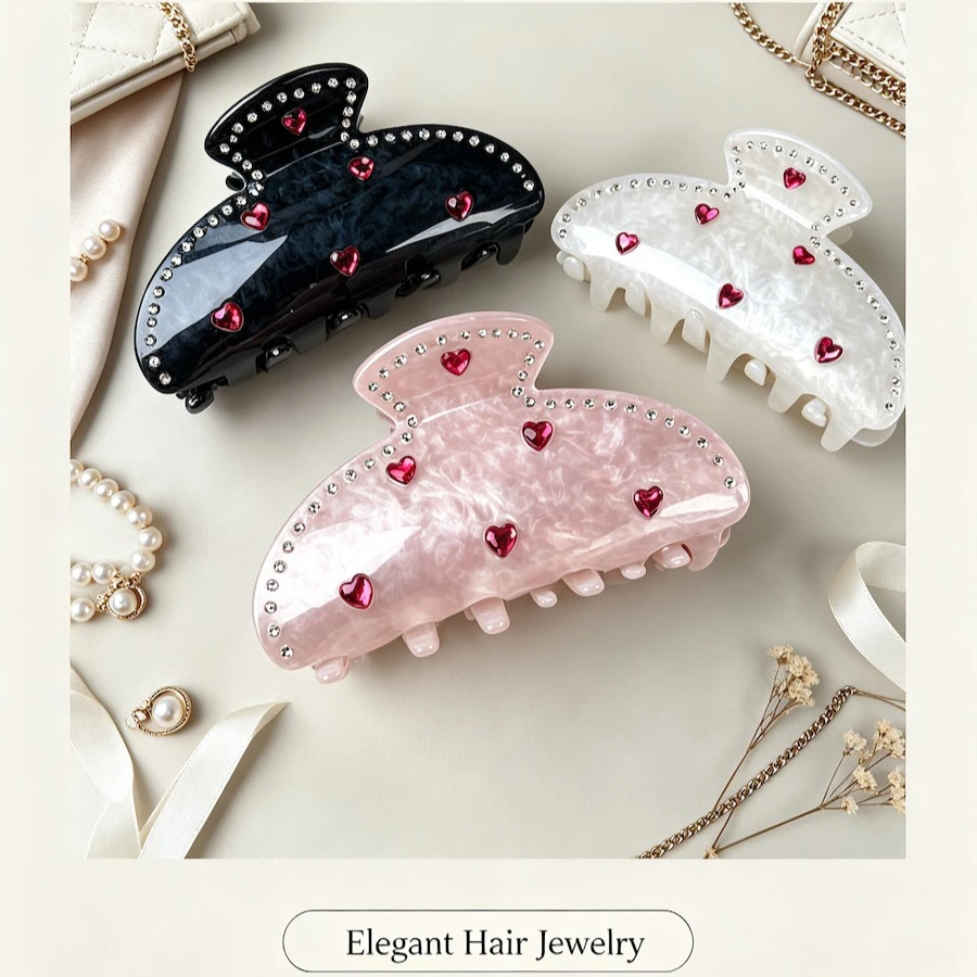 French Vintage Acetate Shark Claw Clip, Inlaid Red Rhinestone High‑End Vibe Hair Claw, Versatile Bun Hair Accessory for Women