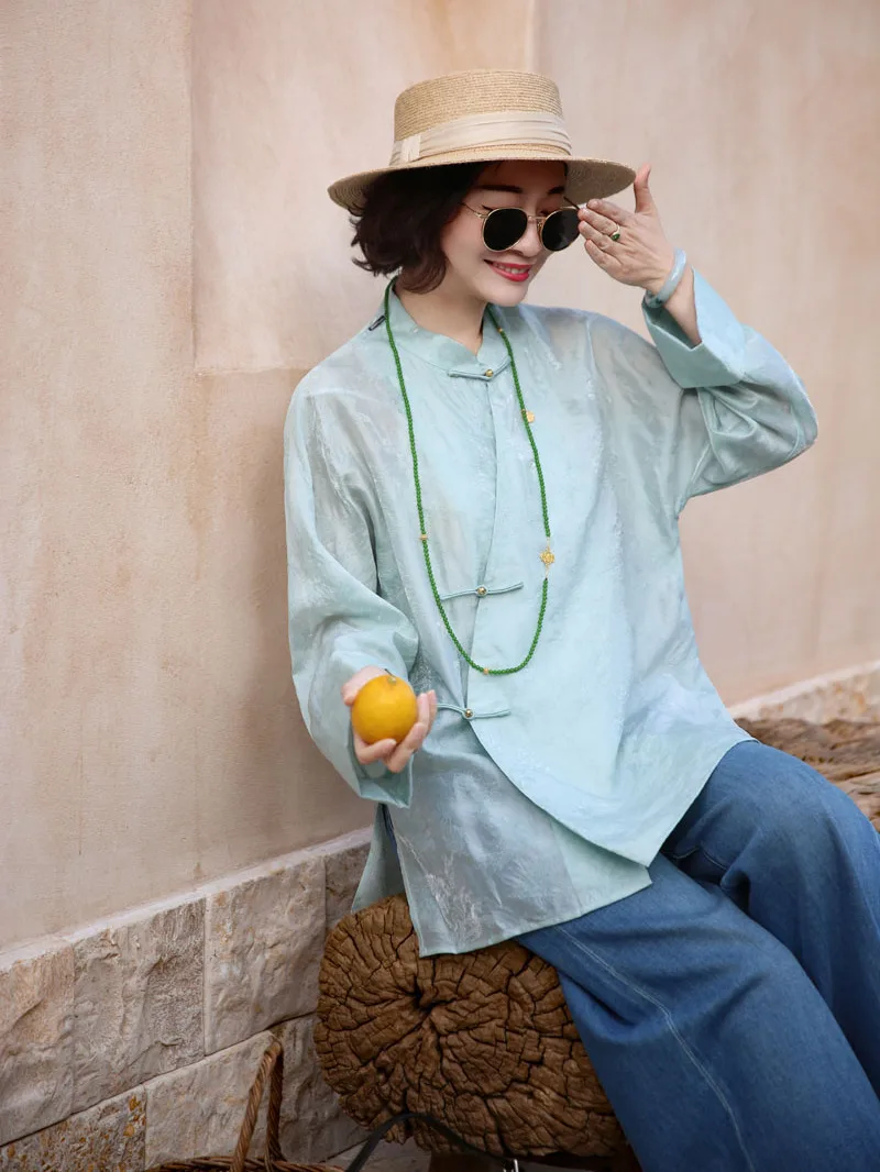 

Удобная свободная рубашка с длинным рукавом в новом китайском стиле, модная, в стиле дзен, с принтом лотоса, винтажная, на пуговицах, женская одежда